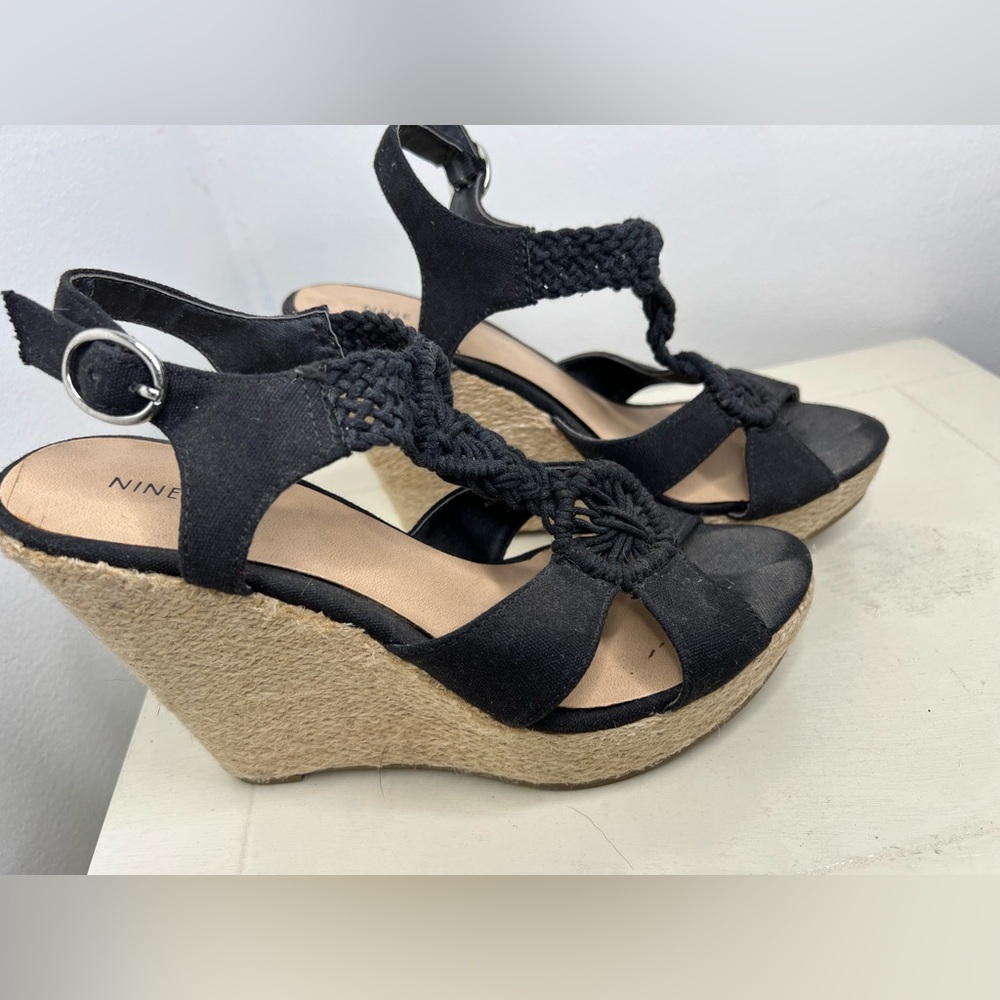 Nine West MAXIE3Y Black Canvas Espadrille Wedge Sandals